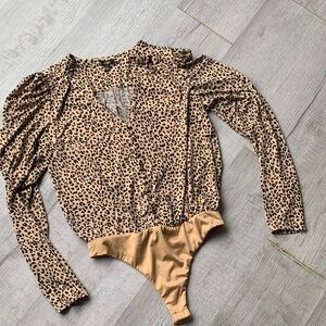 AFRM Leopard-Print Bodysuit in Tan and Black, Size S.